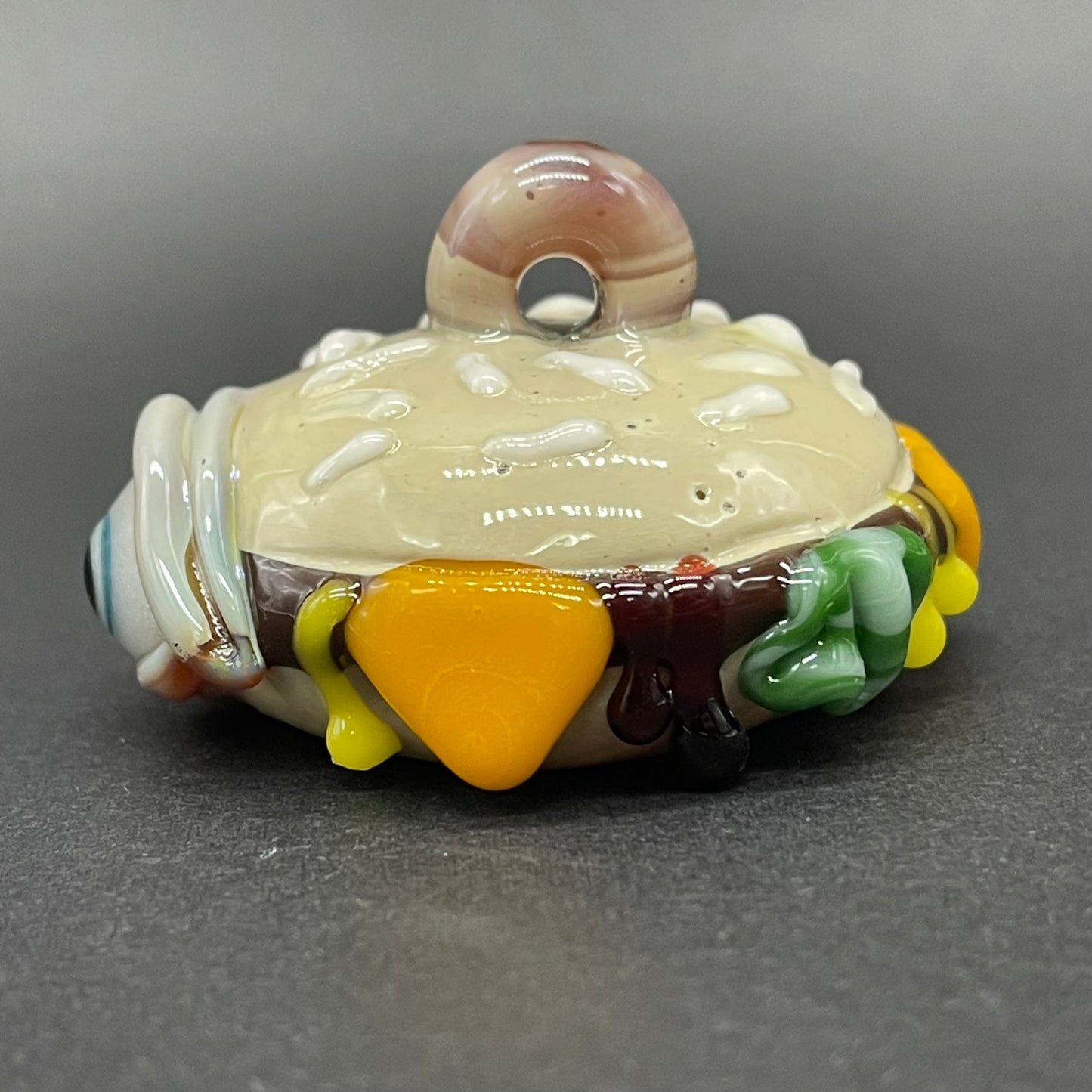 Artisan glass Eye love cheeseburger pendant - detailed craftsmanship