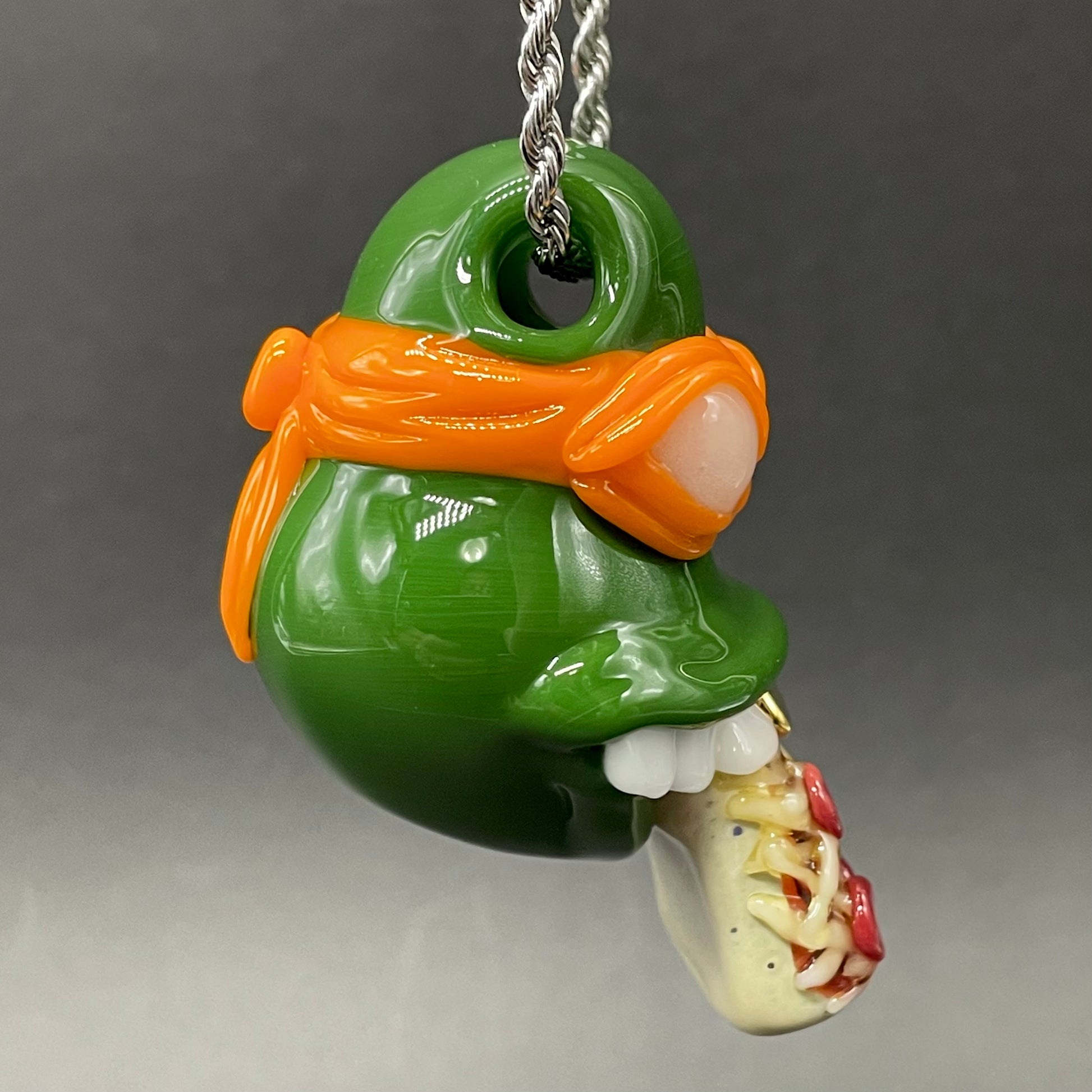 Glass Ninja Turtle Pendant – Handmade Michelangelo Pizza Necklace, TMNT Fan Jewelry by Leviathan Glass - artisan detail