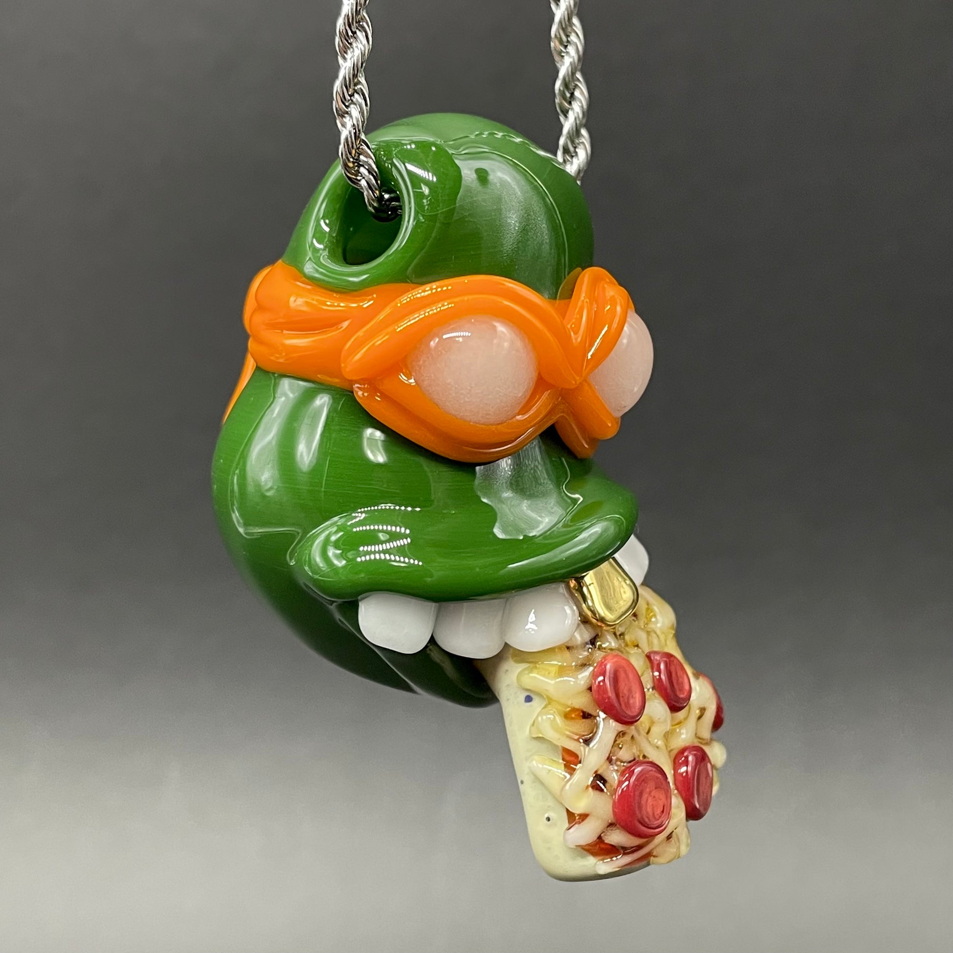 Glass Ninja Turtle Pendant – Handmade Michelangelo Pizza Necklace, TMNT Fan Jewelry craftsmanship - artisan glass work