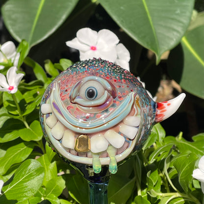 Hand Blown Glass Monster Watering Globe - round cyclops head, blue iris eye, white teeth, gold tooth, teal tongue drips, teal glass stake - Leviathan Glass