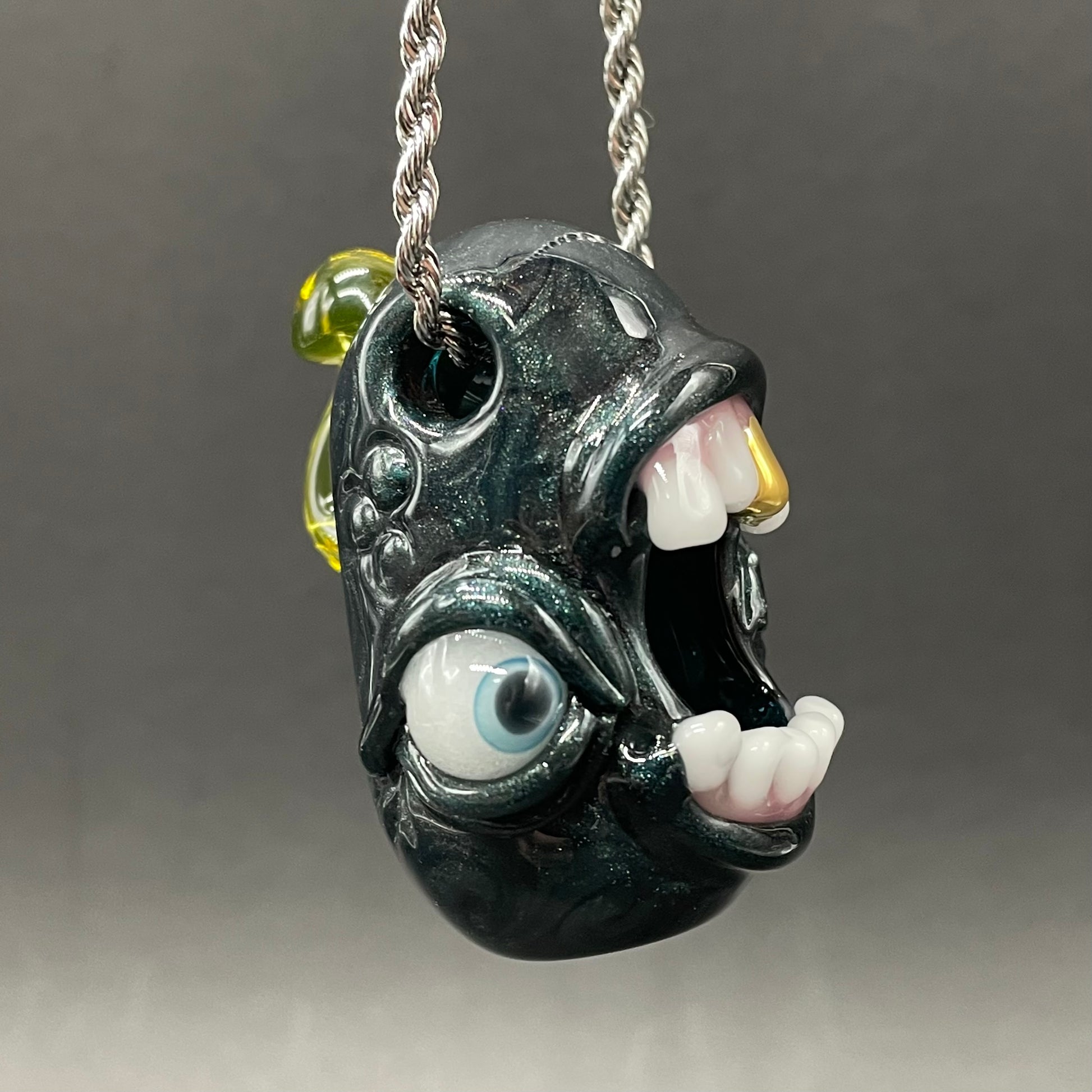 Hand-blown Screaming UV reactive mushroom monster pendant - Leviathan Glass original
