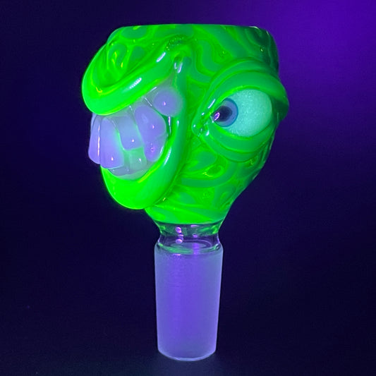 Hand-blown glass 14mm uv smiley face slide by Leviathan Glass