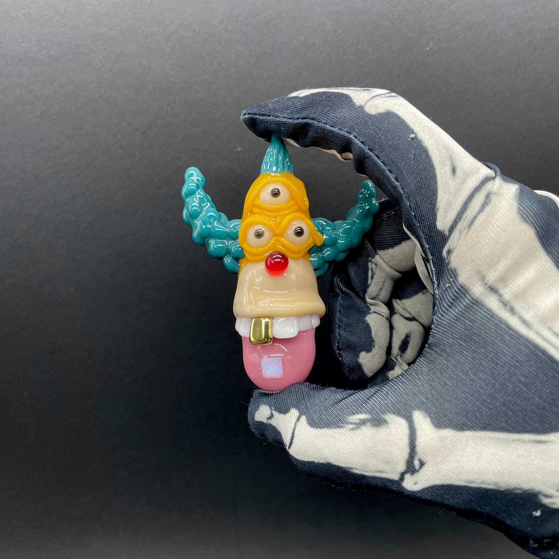 Hand-blown Krusty the clown glass pendant with opal tab - Leviathan Glass original