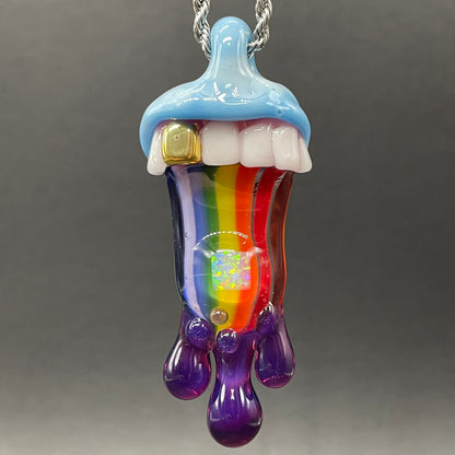 Glass opal rainbow tongue pendant detail view - premium glass art