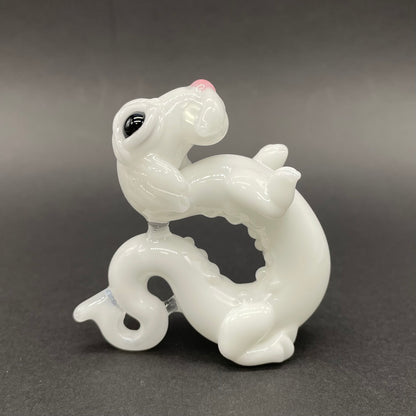 Falcore the Luck Dragon handblown glass sculpture - Neverending Story white fur dragon with pink nose, kind eyes, flowing mane, silver rope chain - Leviathan Glass