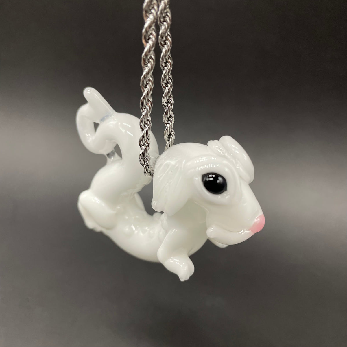 Falcore the Luck Dragon handblown glass sculpture - Neverending Story white fur dragon with pink nose, kind eyes, flowing mane, silver rope chain - Leviathan Glass