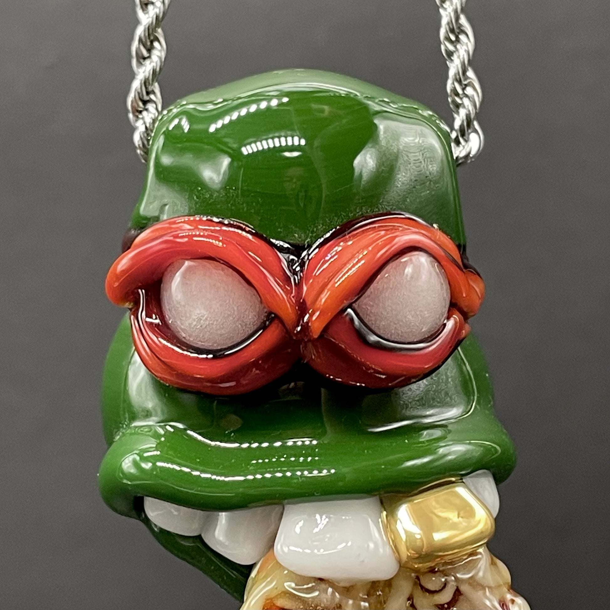 Glass Ninja Turtle Pendant – Handmade Raphael Pizza Necklace, TMNT Fan Jewelry glass art - premium handcrafted piece