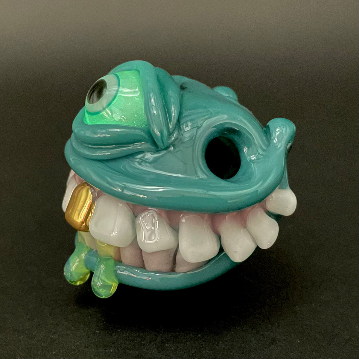 Grinning Like a Fool handblown glass pendant - oversized grinning monster face, white teeth, gold tooth, opal accents, silver rope chain - Leviathan Glass