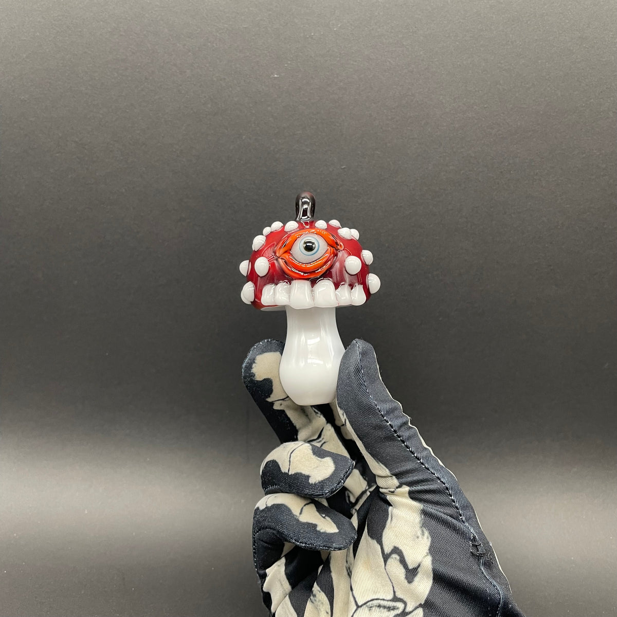 Cyclops mushroom ornament detail view - premium glass art