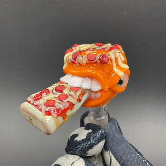 Hand-blown glass 14mm 4 hole orange pizza fiend slide by Leviathan Glass