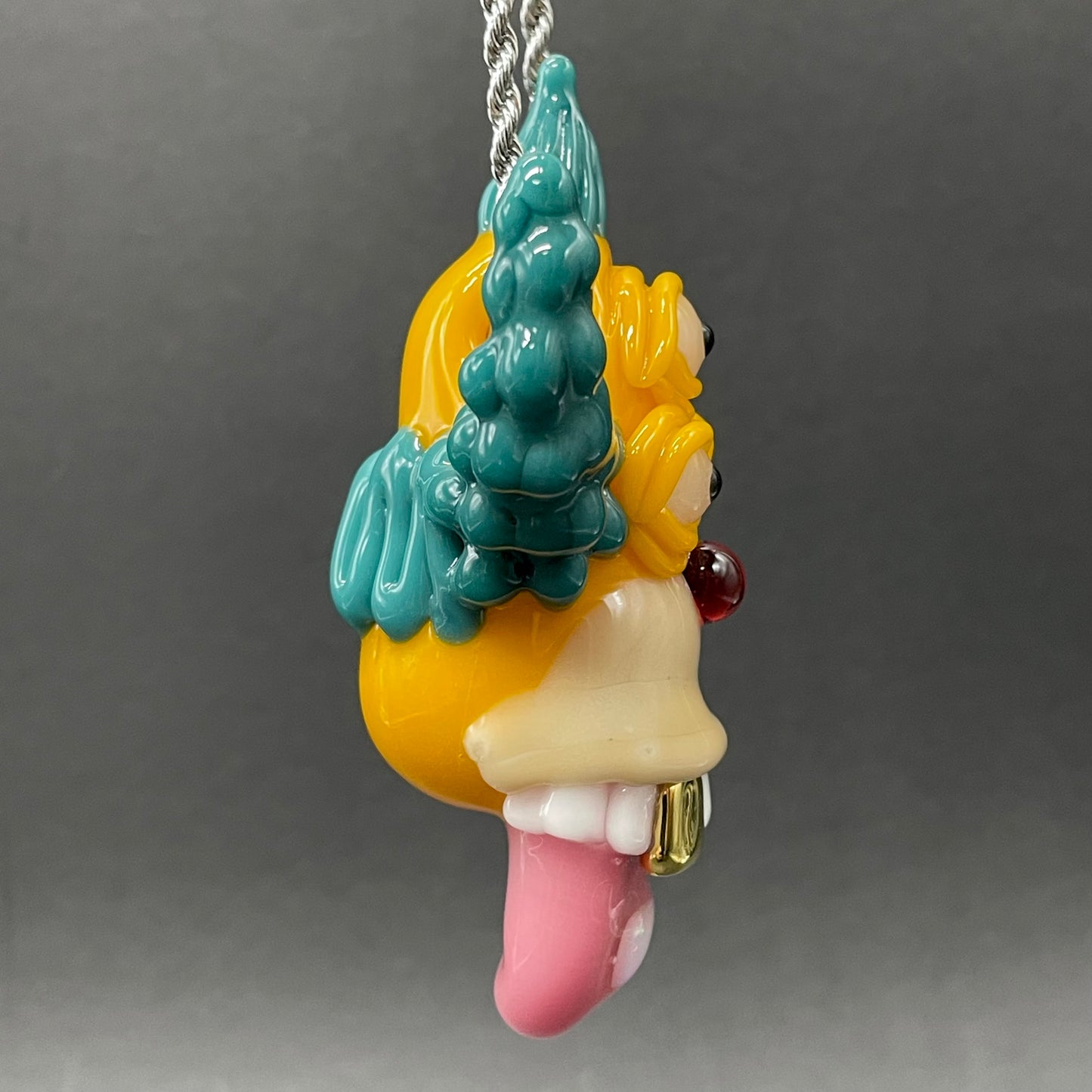 Artisan glass Krusty the clown glass pendant with opal tab - detailed craftsmanship