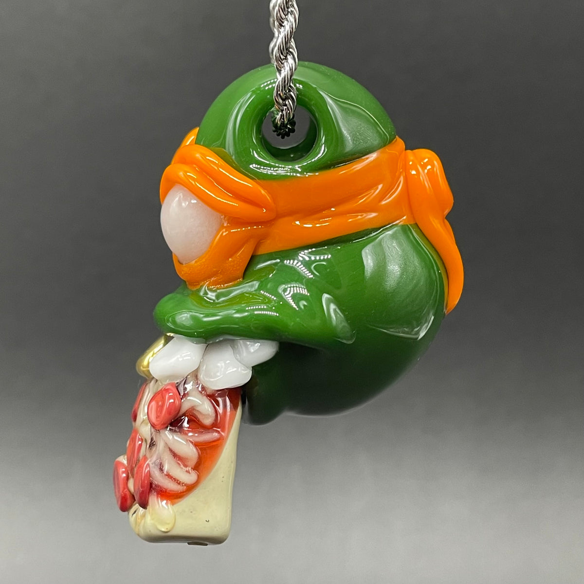 Glass Ninja Turtle Pendant – Handmade Michelangelo Pizza Necklace, TMNT Fan Jewelry