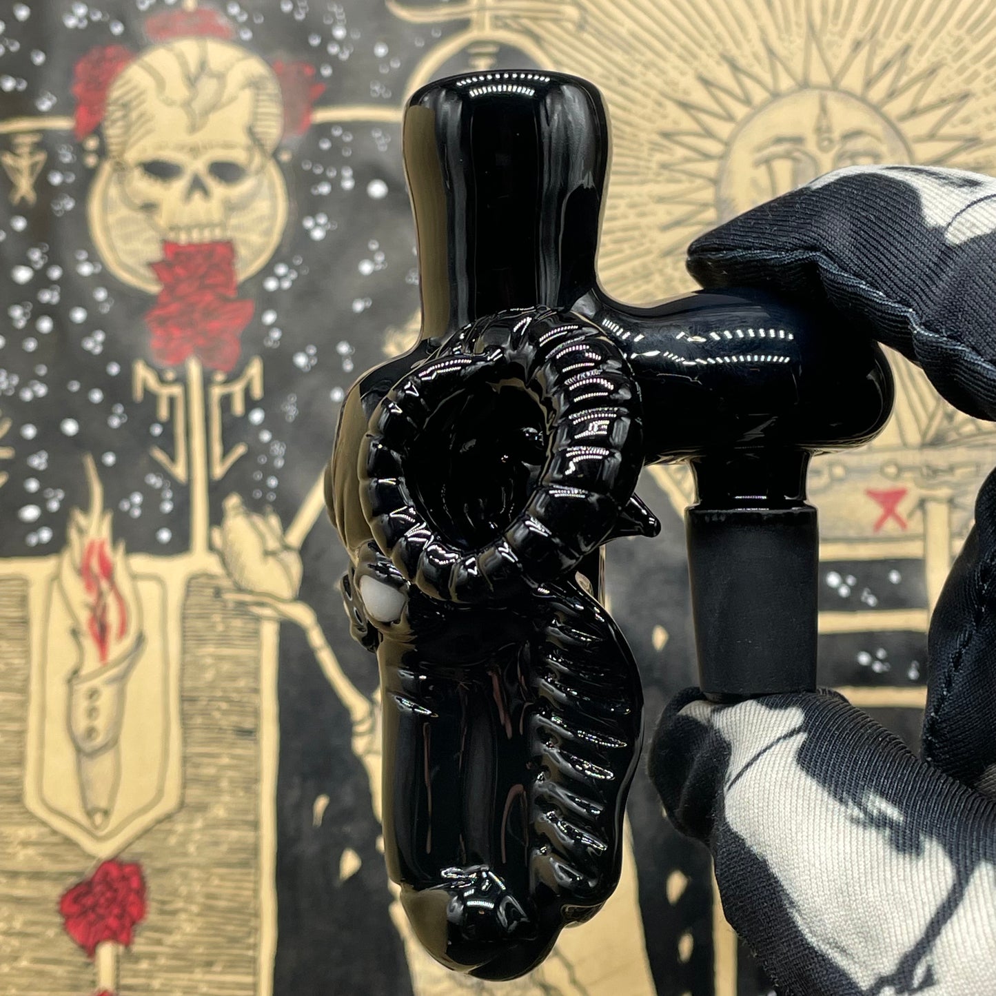 Close-up of 14mm black Philip ash catcher - handcrafted glass