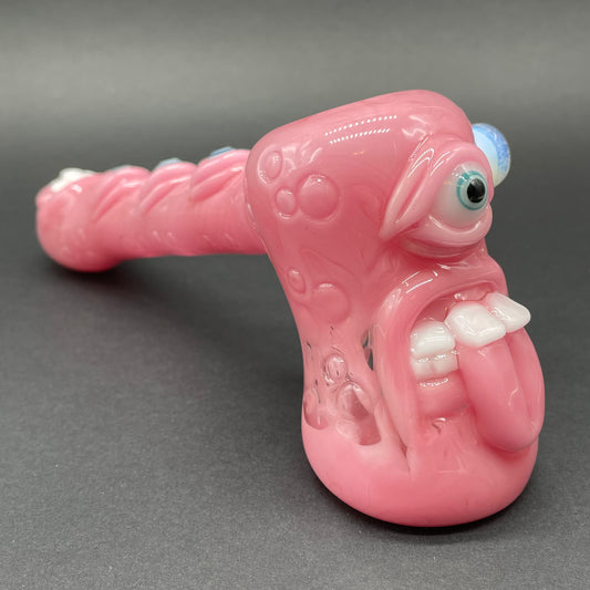 Pink evil eye bubbler detail view - premium glass art