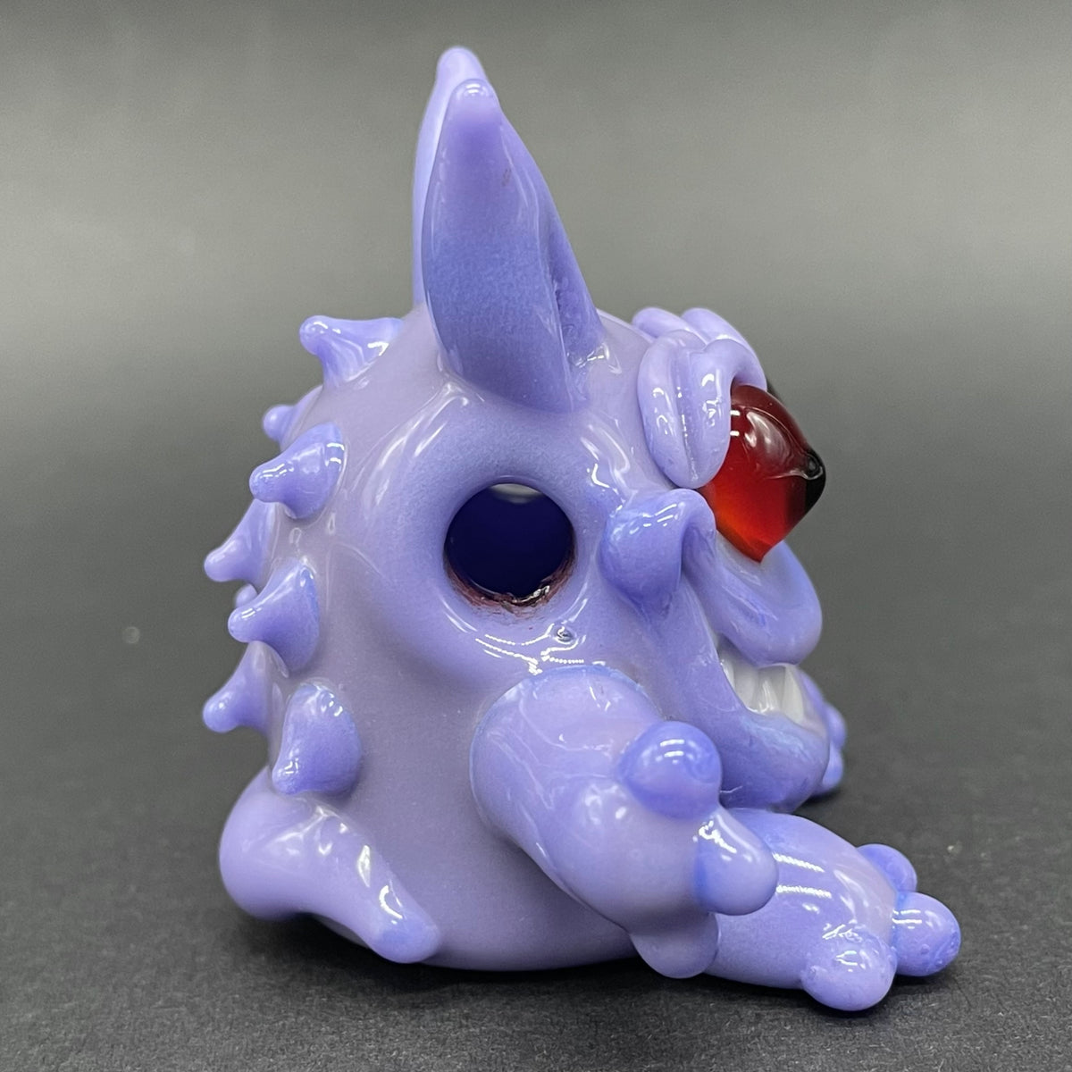 Gengar Pokémon handblown glass pendant - periwinkle purple Gengar sculpture, large red glass eyes, white teeth, clawed hands and feet, silver rope chain - Leviathan Glass