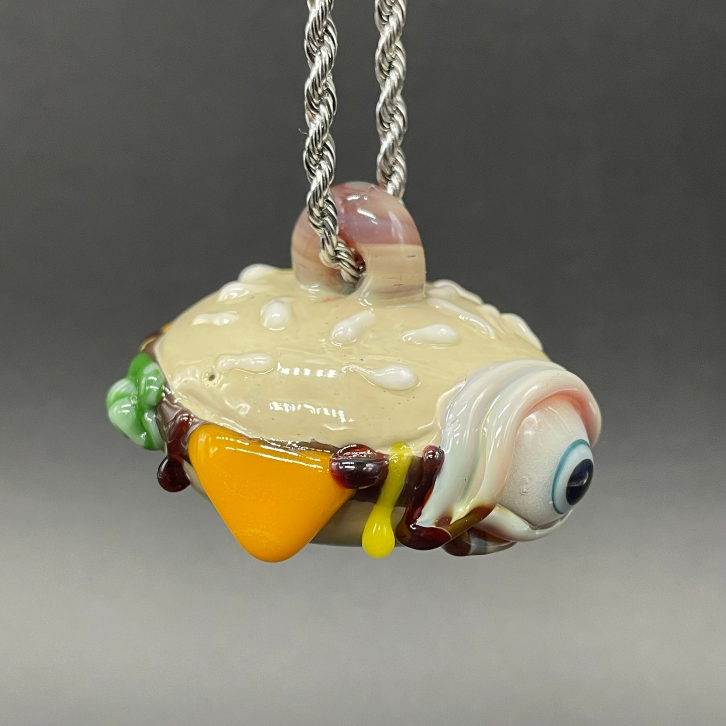 Eye love cheeseburger pendant by Leviathan Glass - artisan detail