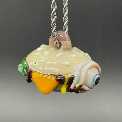 Eye love cheeseburger pendant by Leviathan Glass - artisan detail