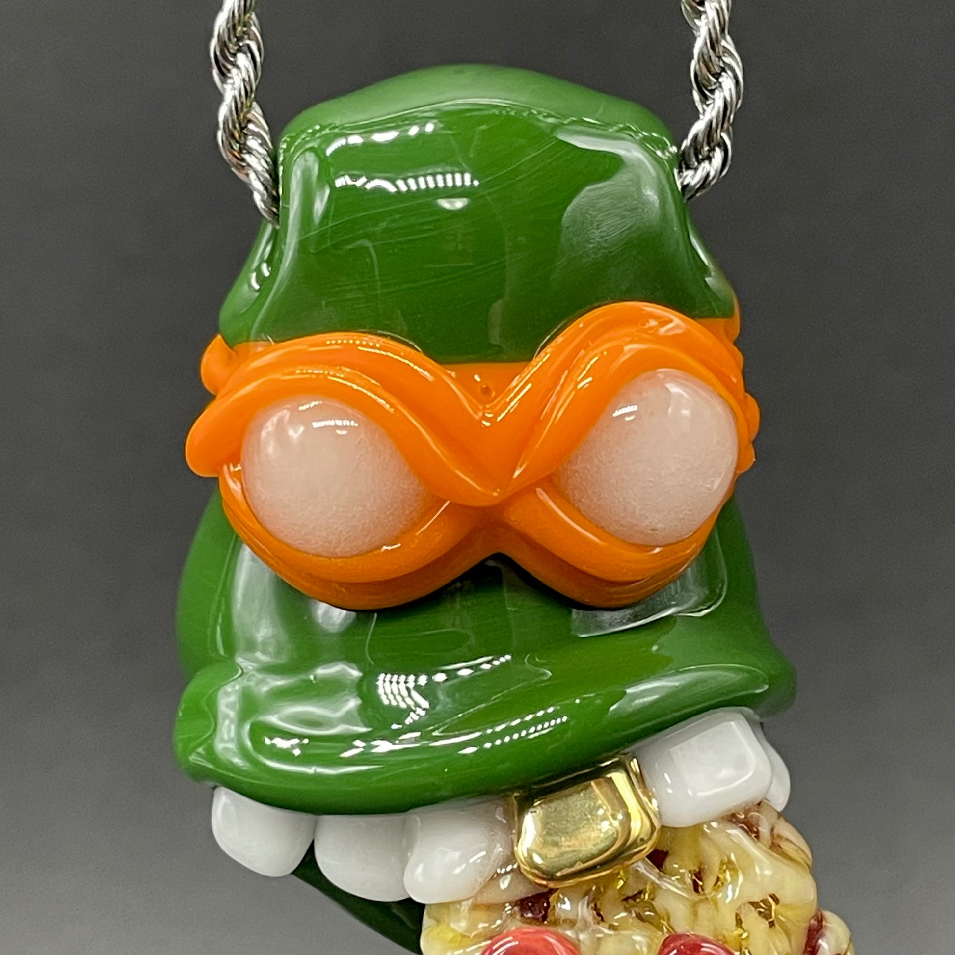 Premium Glass Ninja Turtle Pendant – Handmade Michelangelo Pizza Necklace, TMNT Fan Jewelry - collectible glass art