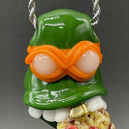 Premium Glass Ninja Turtle Pendant – Handmade Michelangelo Pizza Necklace, TMNT Fan Jewelry - collectible glass art