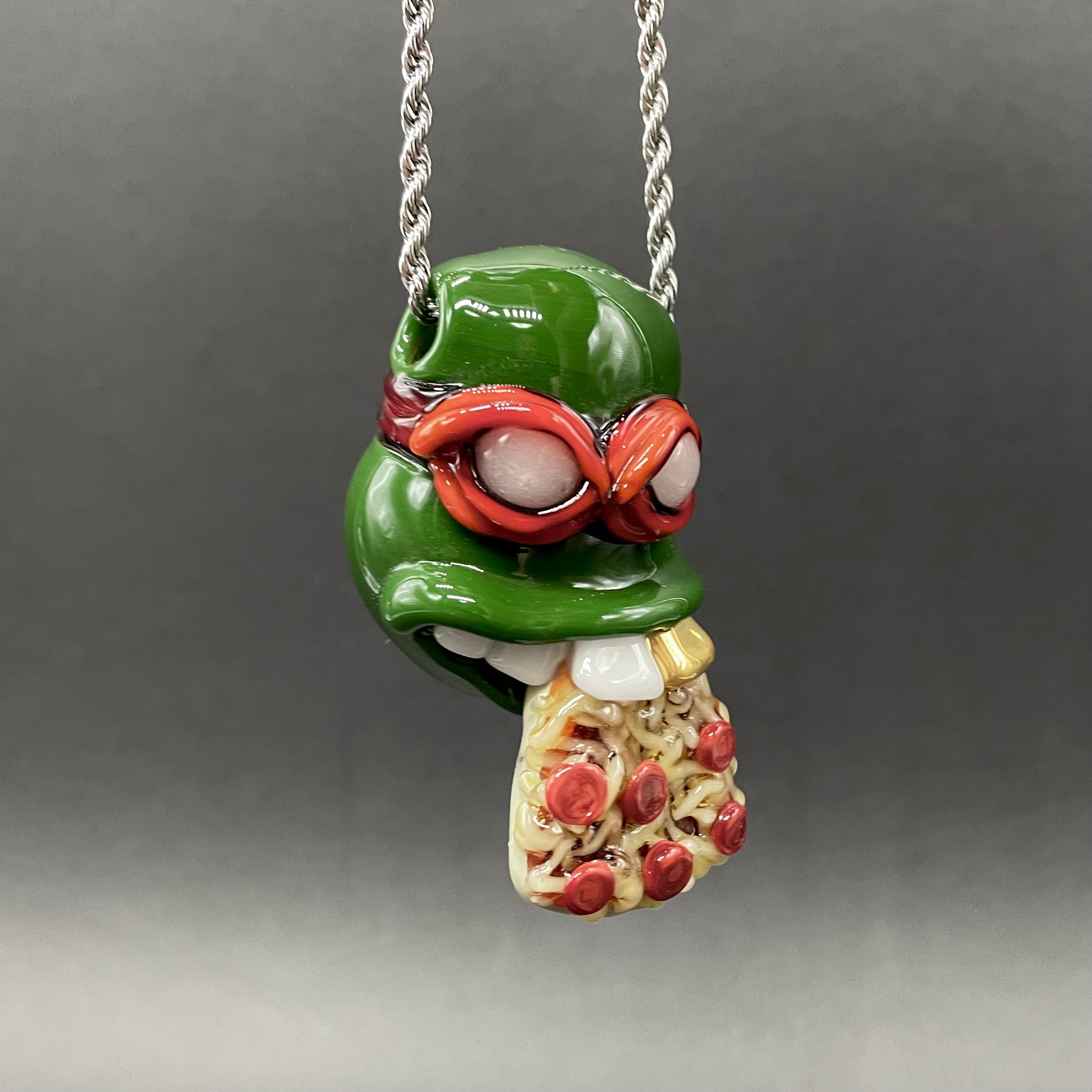 Hand-blown glass Glass Ninja Turtle Pendant – Handmade Raphael Pizza Necklace, TMNT Fan Jewelry by Leviathan Glass