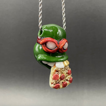 Hand-blown glass Glass Ninja Turtle Pendant – Handmade Raphael Pizza Necklace, TMNT Fan Jewelry by Leviathan Glass