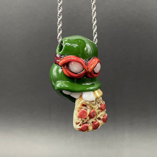 Hand-blown glass Glass Ninja Turtle Pendant – Handmade Raphael Pizza Necklace, TMNT Fan Jewelry by Leviathan Glass