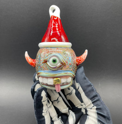 Santa hat cyclops ornament by Leviathan Glass - artisan detail