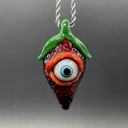 Hand-blown glass Cyclops strawberry pendant by Leviathan Glass