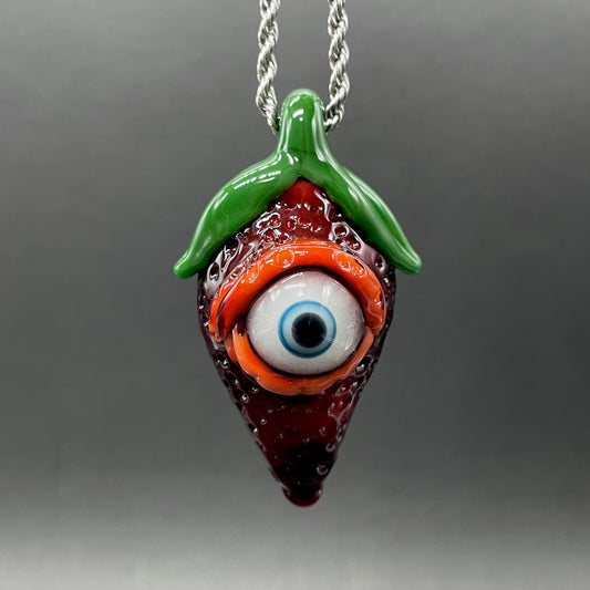 Hand-blown glass Cyclops strawberry pendant by Leviathan Glass