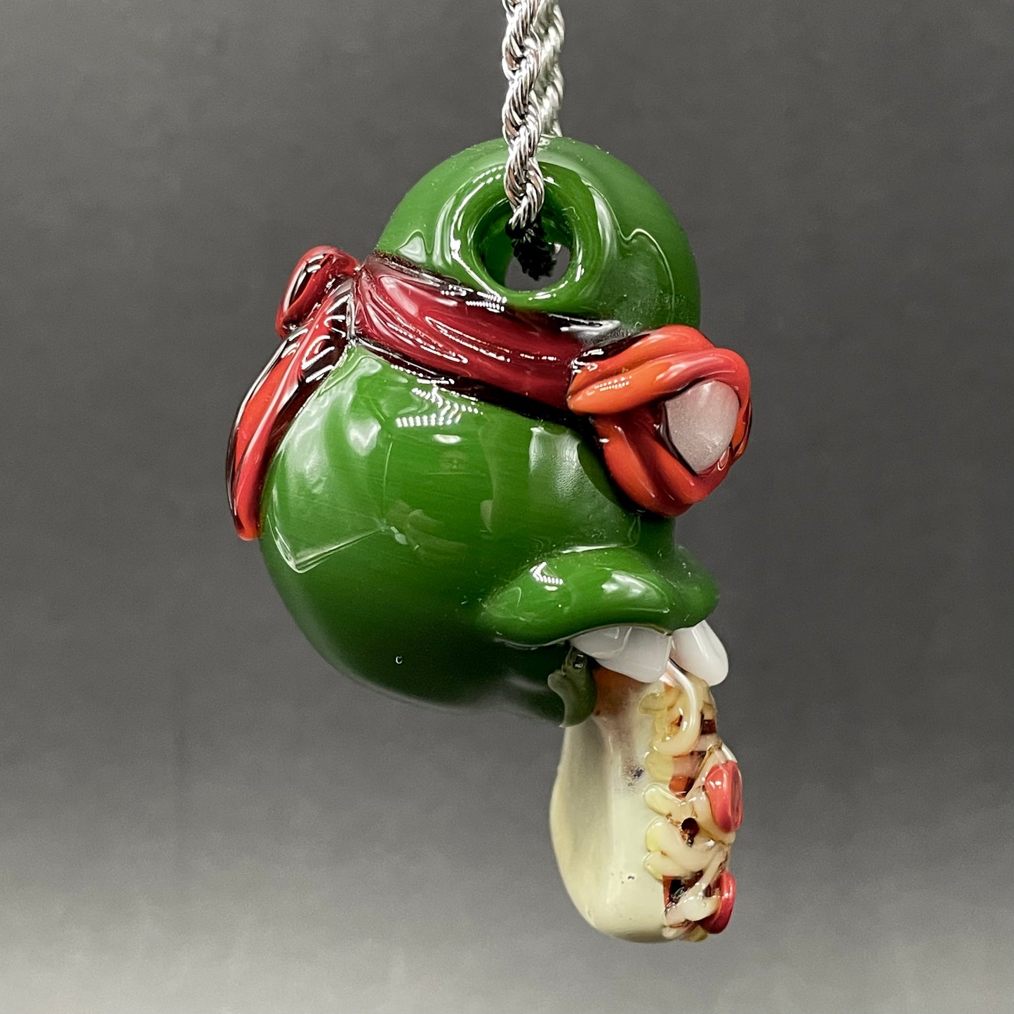 Glass Ninja Turtle Pendant – Handmade Raphael Pizza Necklace, TMNT Fan Jewelry by Leviathan Glass - artisan detail