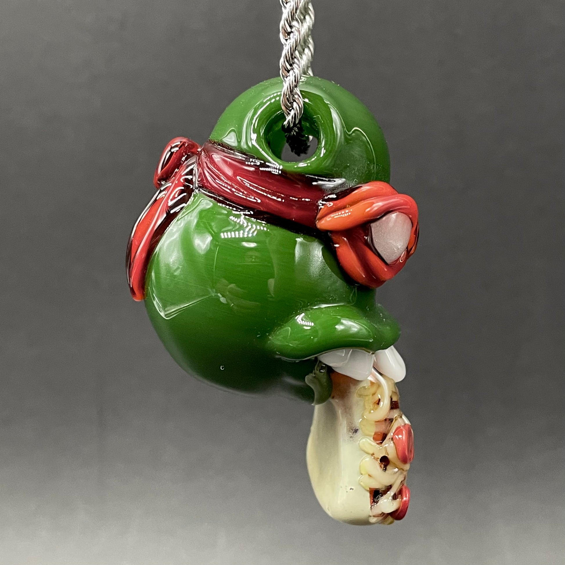 Glass Ninja Turtle Pendant – Handmade Raphael Pizza Necklace, TMNT Fan Jewelry by Leviathan Glass - artisan detail