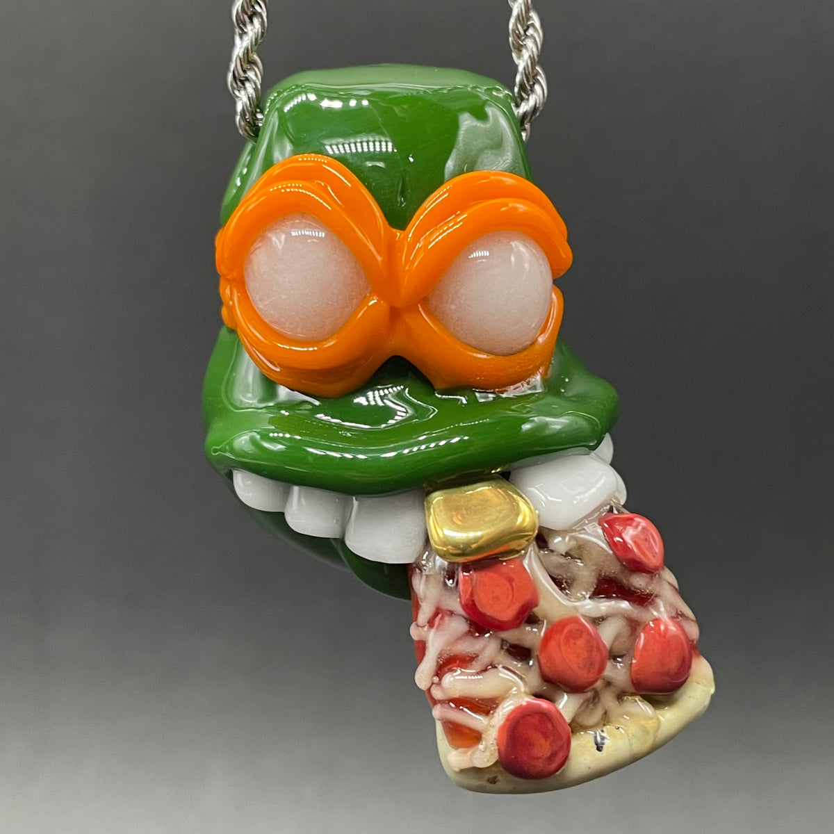 Glass Ninja Turtle Pendant – Handmade Michelangelo Pizza Necklace, TMNT Fan Jewelry