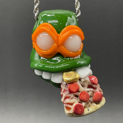 Glass Ninja Turtle Pendant – Handmade Michelangelo Pizza Necklace, TMNT Fan Jewelry