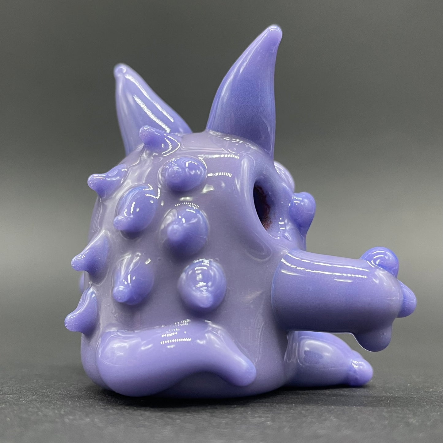 Gengar Pokémon handblown glass pendant - periwinkle purple Gengar sculpture, large red glass eyes, white teeth, clawed hands and feet, silver rope chain - Leviathan Glass