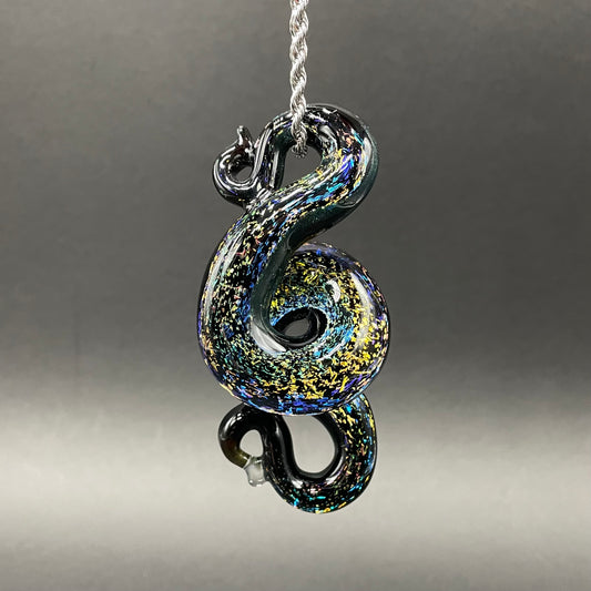 Hand-blown glass Dichroic rainbow sparkle snake pendant by Leviathan Glass