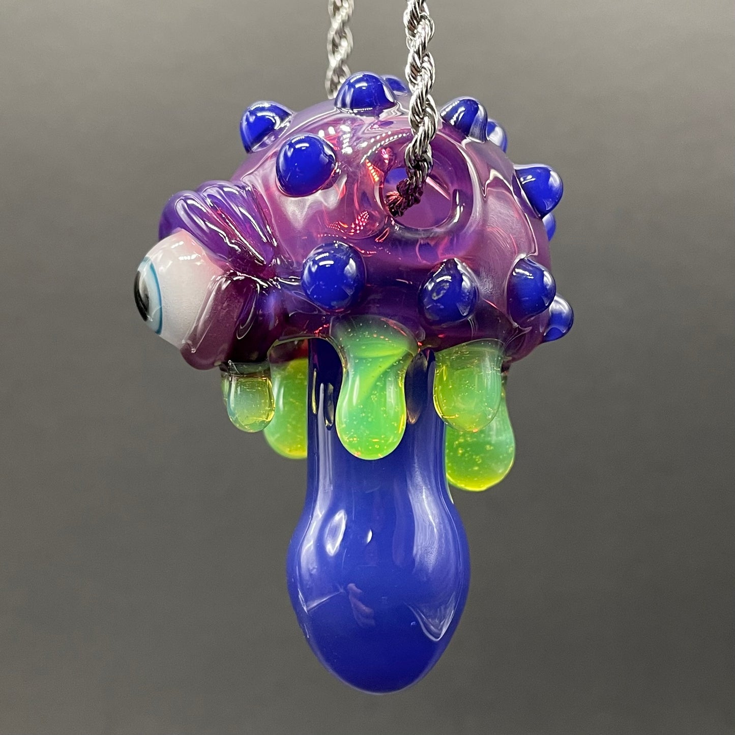 Close-up of About last night glass mushroom pendant - handcrafted glass