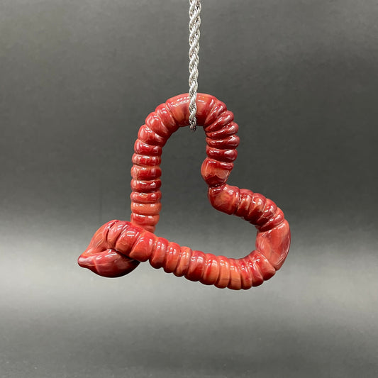 Hand-blown glass Large glass earthworm heart shaped pendant by Leviathan Glass