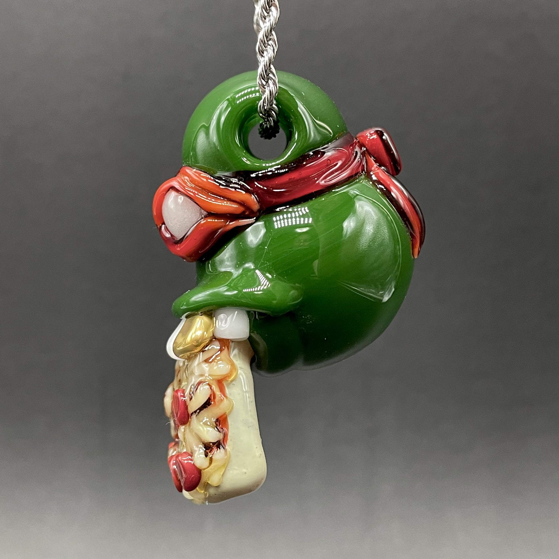 Premium Glass Ninja Turtle Pendant – Handmade Raphael Pizza Necklace, TMNT Fan Jewelry - collectible glass art