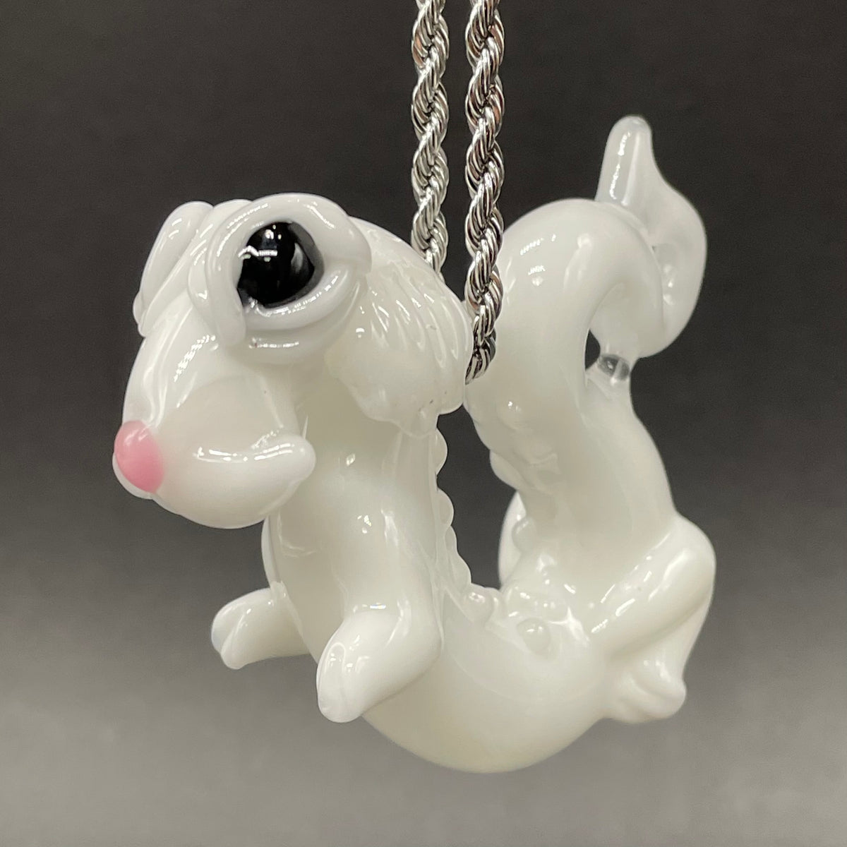 Falcore the Luck Dragon handblown glass sculpture - Neverending Story white fur dragon with pink nose, kind eyes, flowing mane, silver rope chain - Leviathan Glass