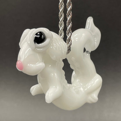 Falcore the Luck Dragon handblown glass sculpture - Neverending Story white fur dragon with pink nose, kind eyes, flowing mane, silver rope chain - Leviathan Glass