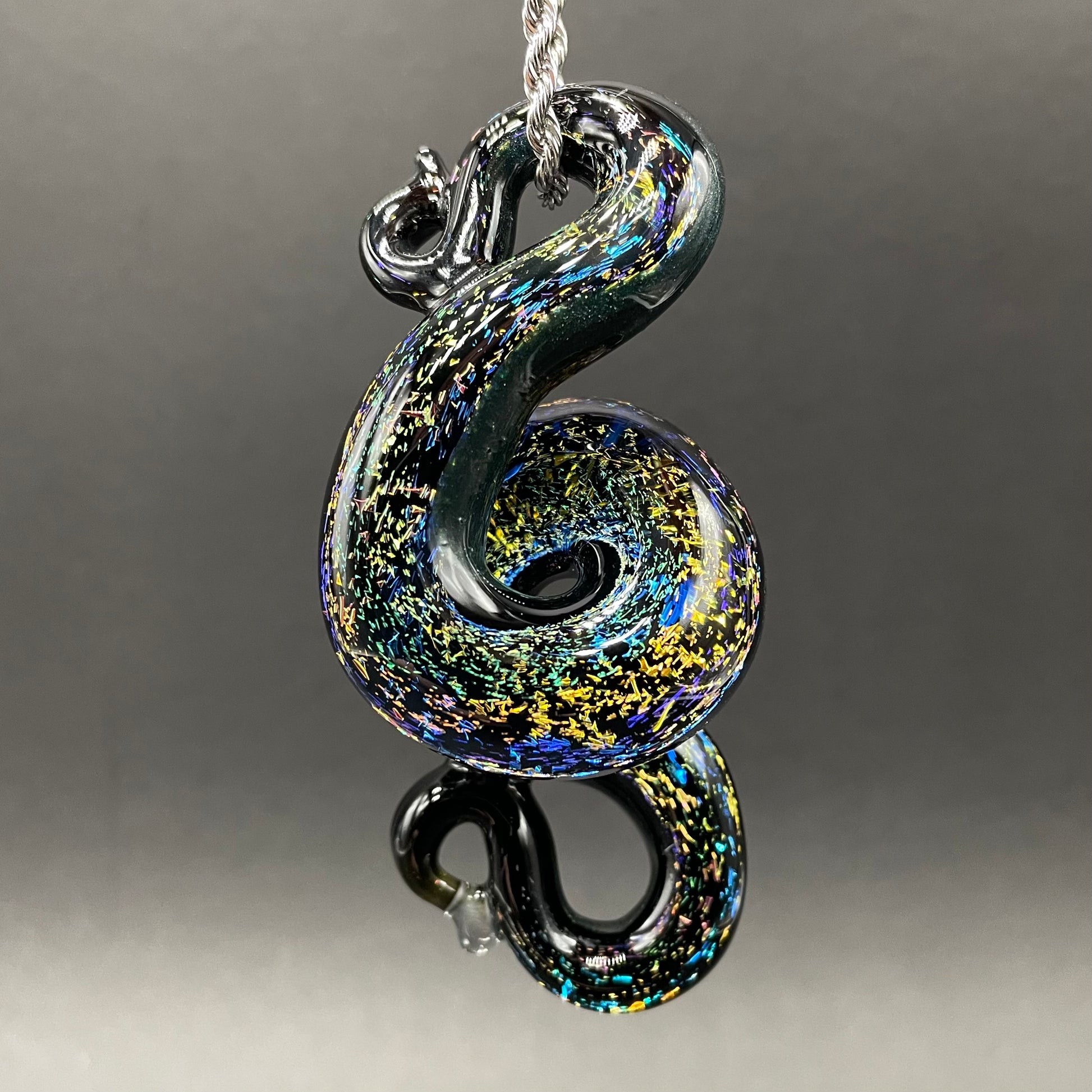 Hand-blown Dichroic rainbow sparkle snake pendant - Leviathan Glass original