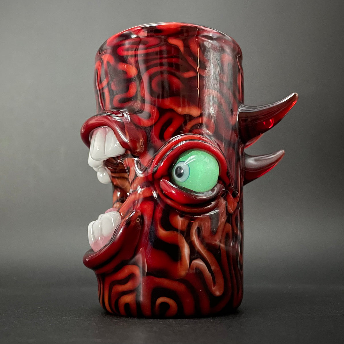 Close-up of mind scrambler shot glass - handcrafted glass