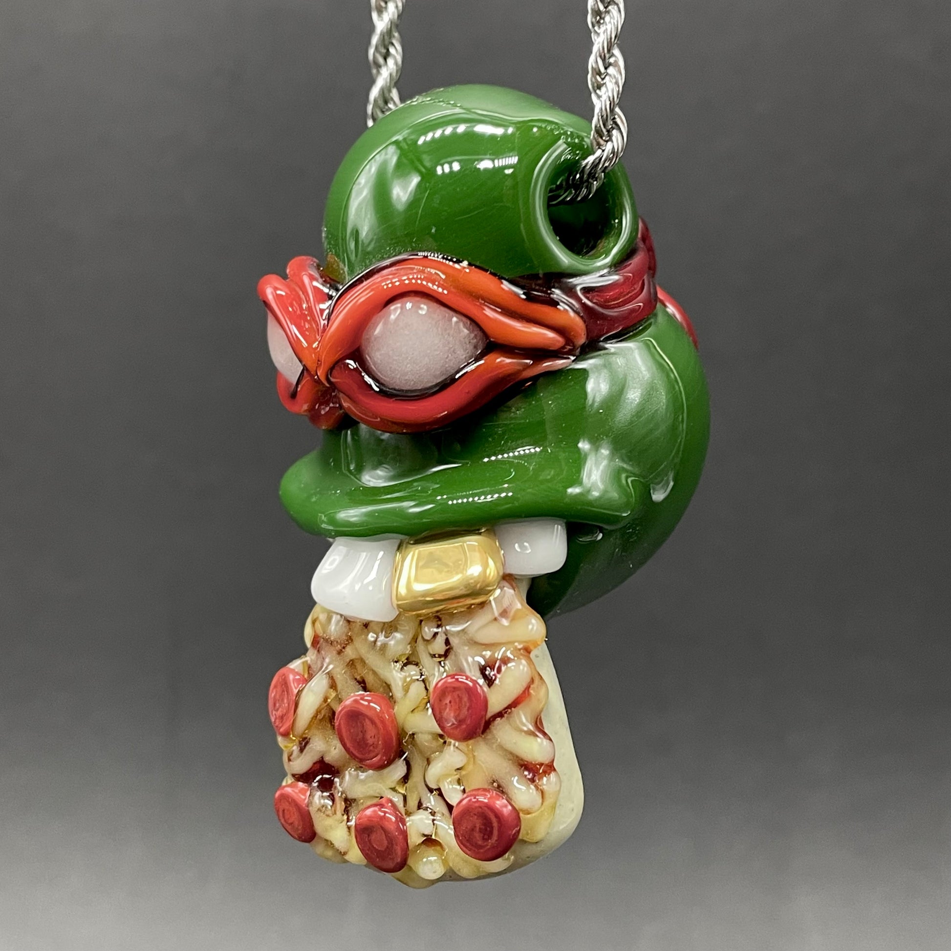 Glass Ninja Turtle Pendant – Handmade Raphael Pizza Necklace, TMNT Fan Jewelry craftsmanship - artisan glass work