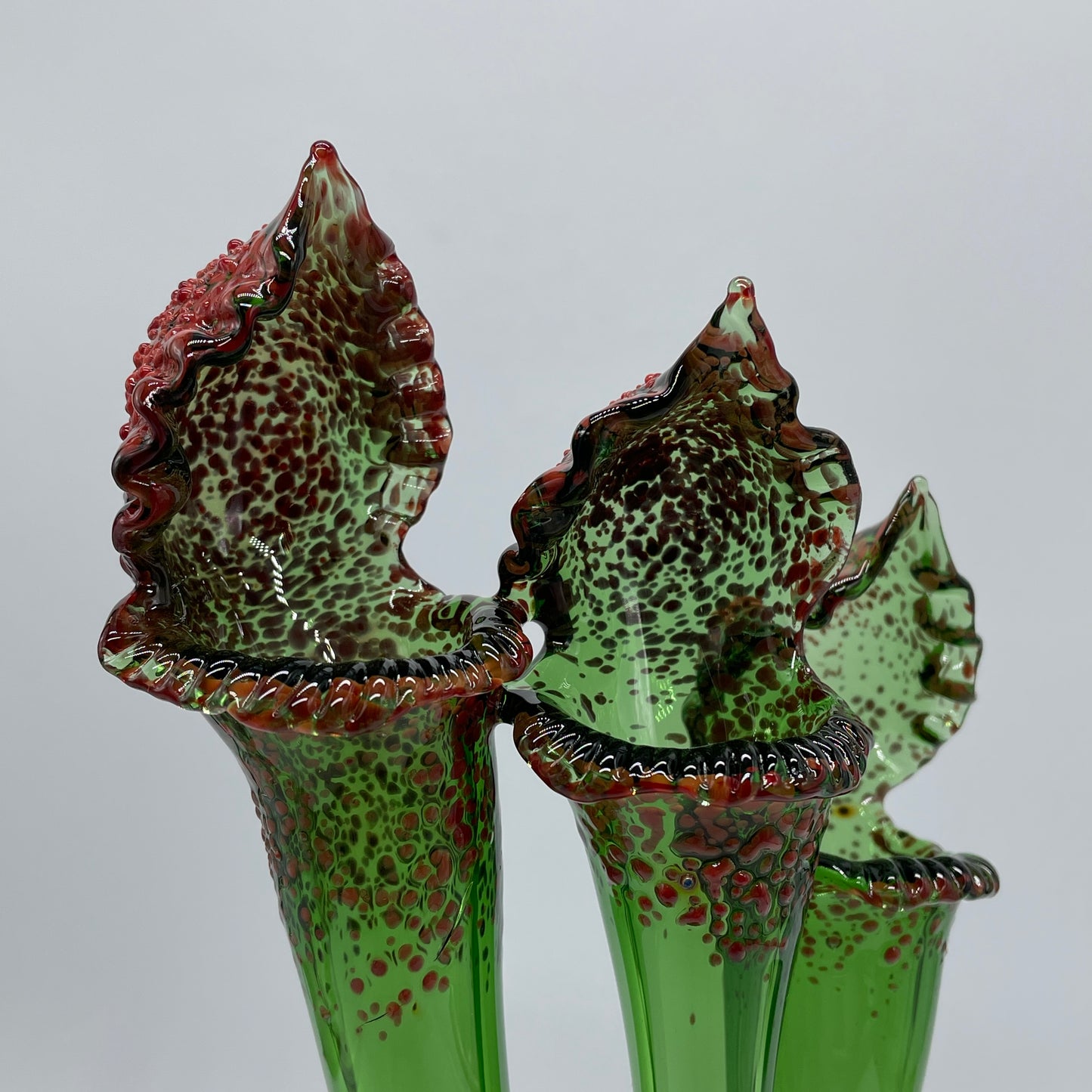 Close-up of 3 stem pitcher plant sculpture - handcrafted glass
