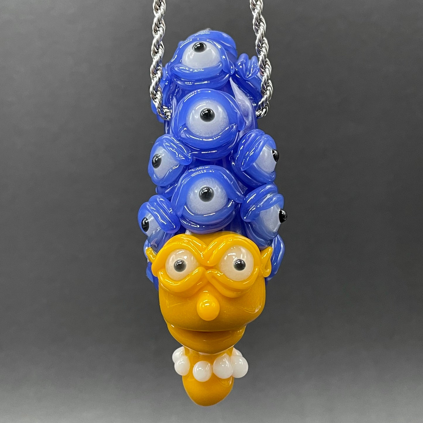Close-up of Marge Simpson Mutant Pendant - handcrafted glass