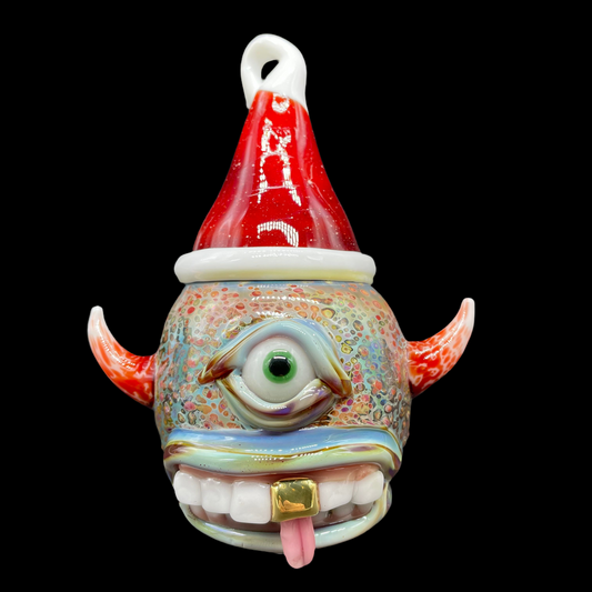 Hand-blown glass Santa hat cyclops ornament by Leviathan Glass