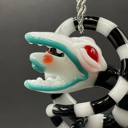 Beetlejuice Inspired handblown solid glass Sandworm sculpture - coiled black and white striped sandworm with white worm head, teal tongue, red eyes - Leviathan Glass
