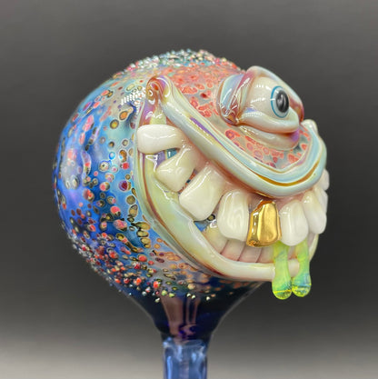 Hand Blown Glass Monster Watering Globe - round cyclops head, blue iris eye, white teeth, gold tooth, teal tongue drips, teal glass stake - Leviathan Glass