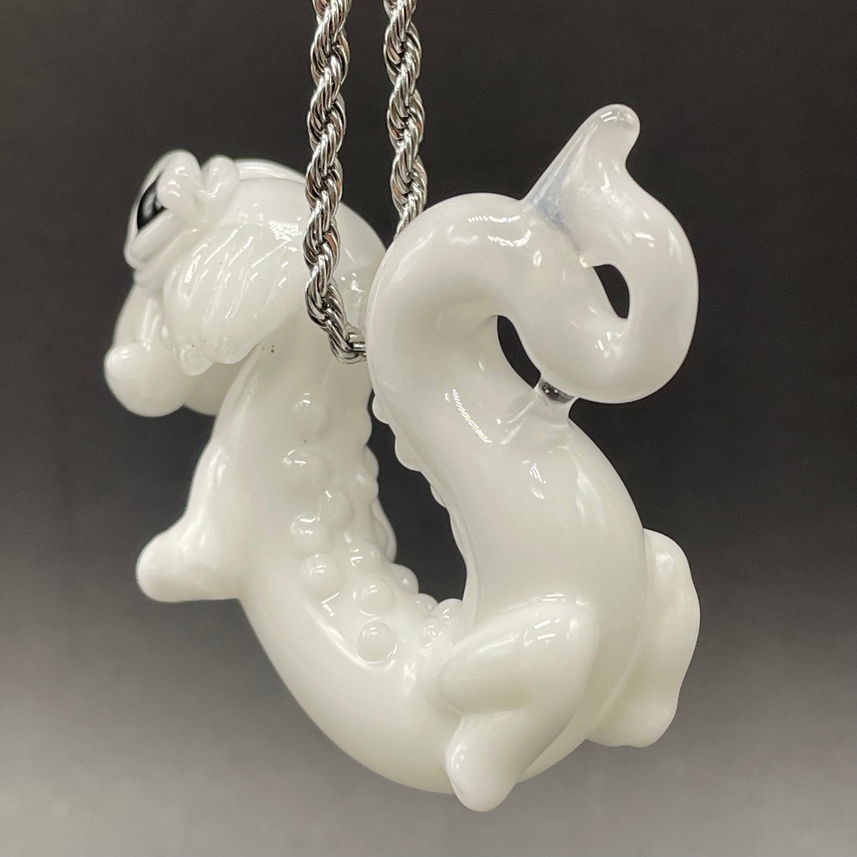 Falcore the Luck Dragon handblown glass sculpture - Neverending Story white fur dragon with pink nose, kind eyes, flowing mane, silver rope chain - Leviathan Glass