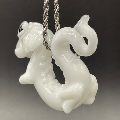Falcore the Luck Dragon handblown glass sculpture - Neverending Story white fur dragon with pink nose, kind eyes, flowing mane, silver rope chain - Leviathan Glass